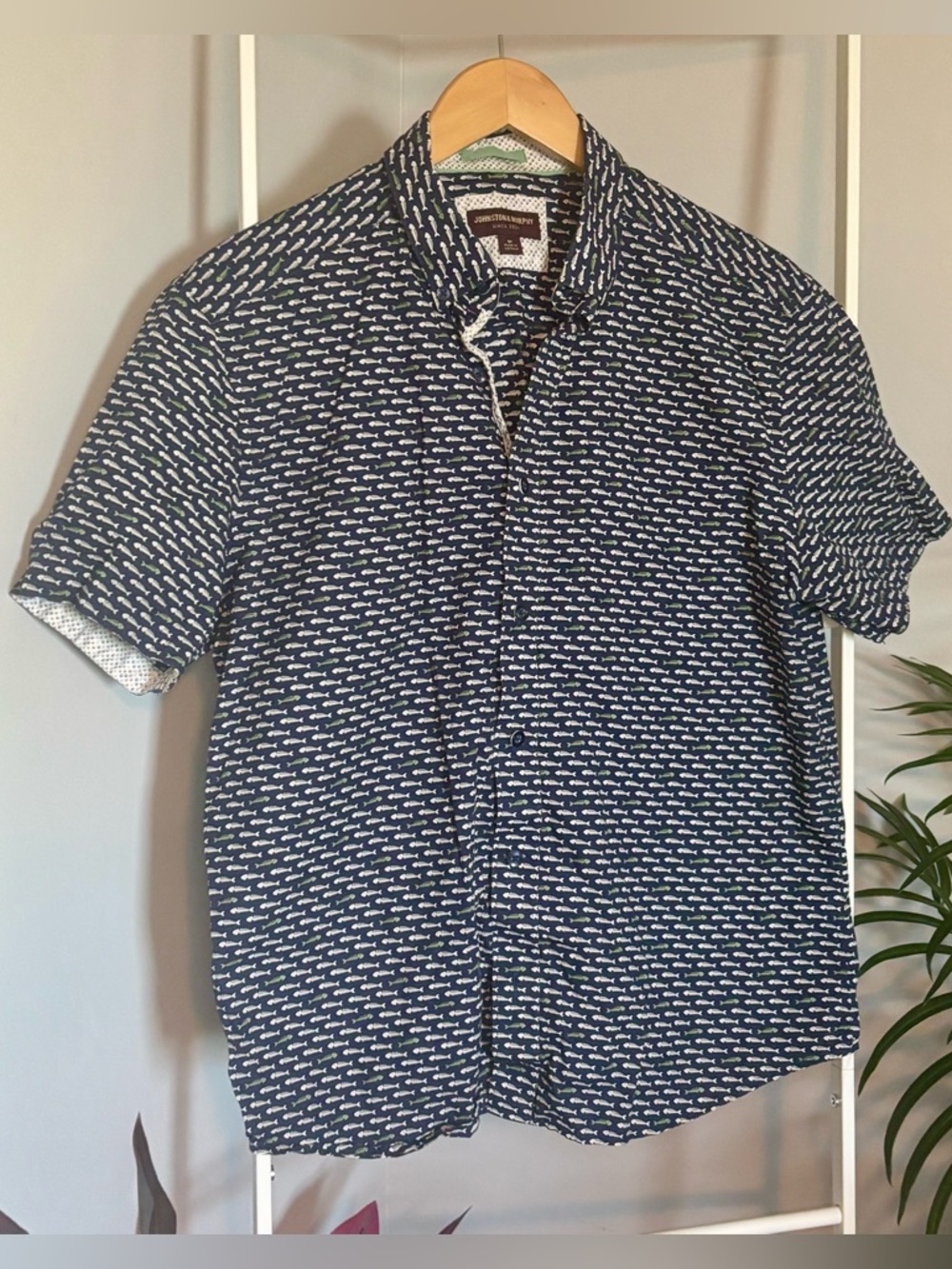 Johnston & Murphy Navy Short-Sleeve Button-Down, Fish Bone Print